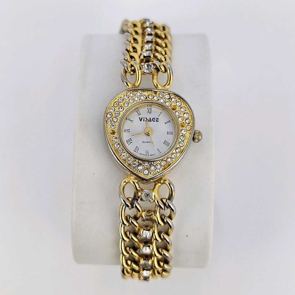 Visage Women's Watch Hearts 21MM White Dial Gold Bracelet Band 6.5" New‎ Battery
